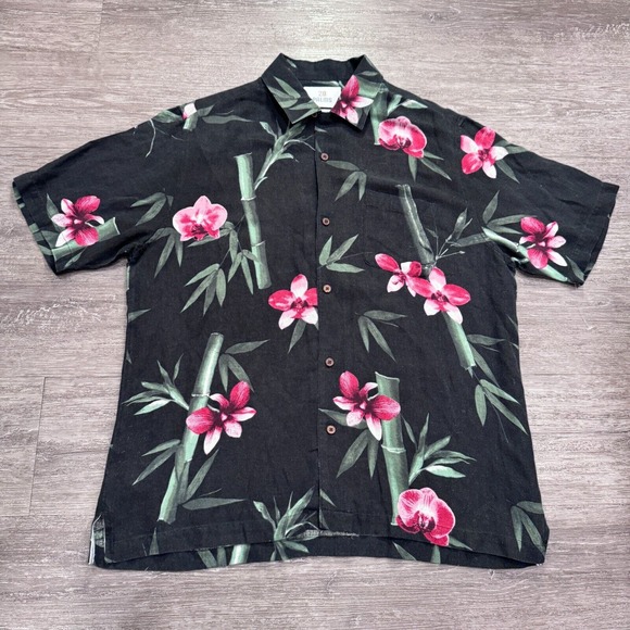 28 Palms Shirt Mens Large Black‎ Floral Hawaiian Silk Linen Beach Boat Beach - Picture 1 of 13